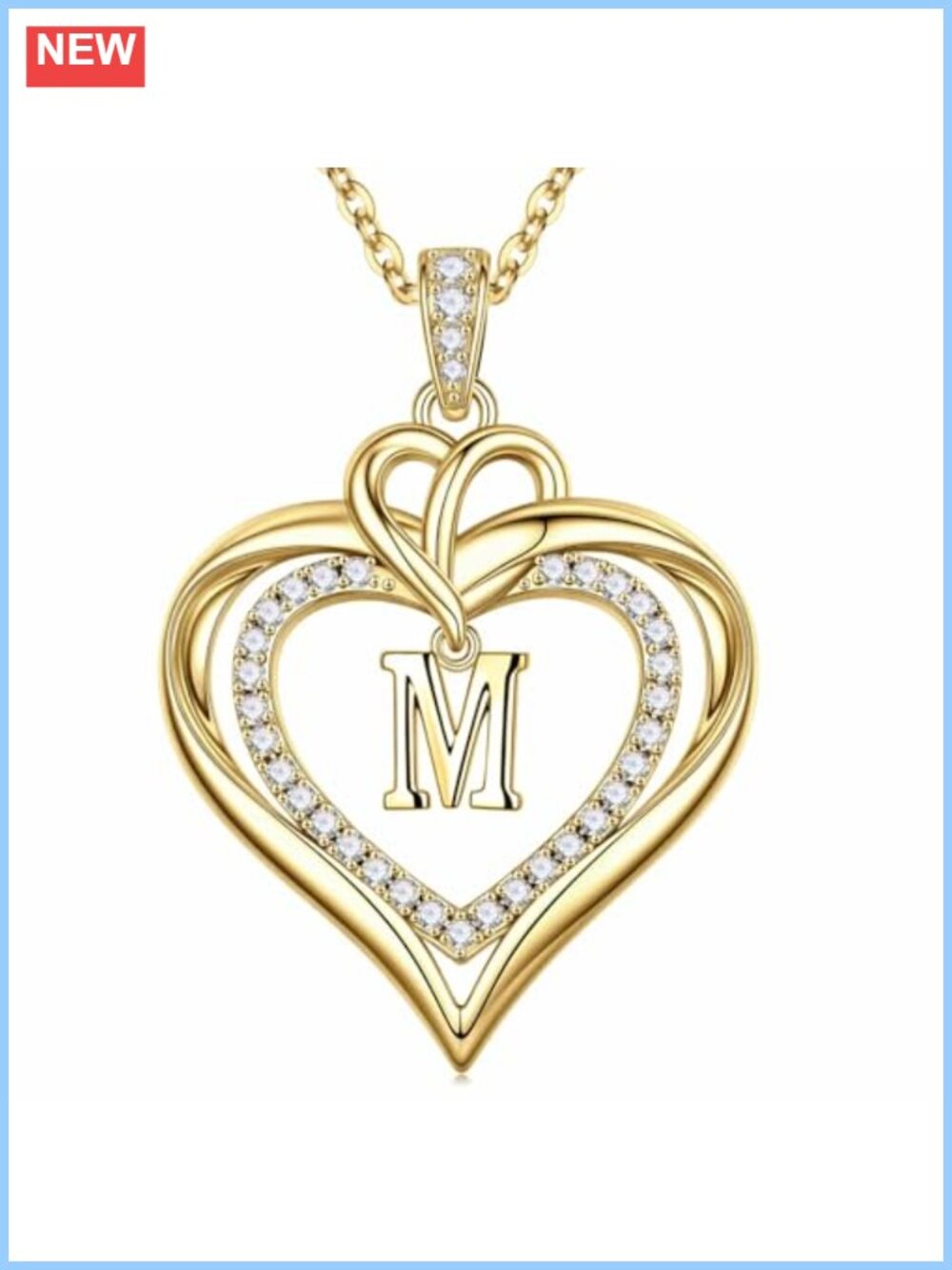 14k Gold Plated Double Heart Initial Pendant Necklace with CZ, Adjustable Chain